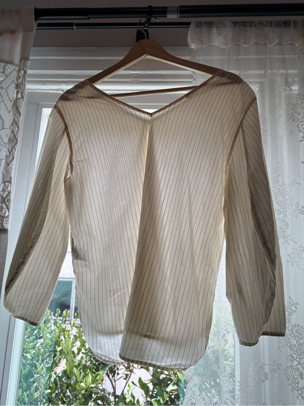 Japanese Cotton Sheer Pinstripe V-Neck Blouse 100% cotton in Cream - Picture 4 of 8